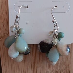 Silver Tone French Wire Stone Bead Dangle Earrings
